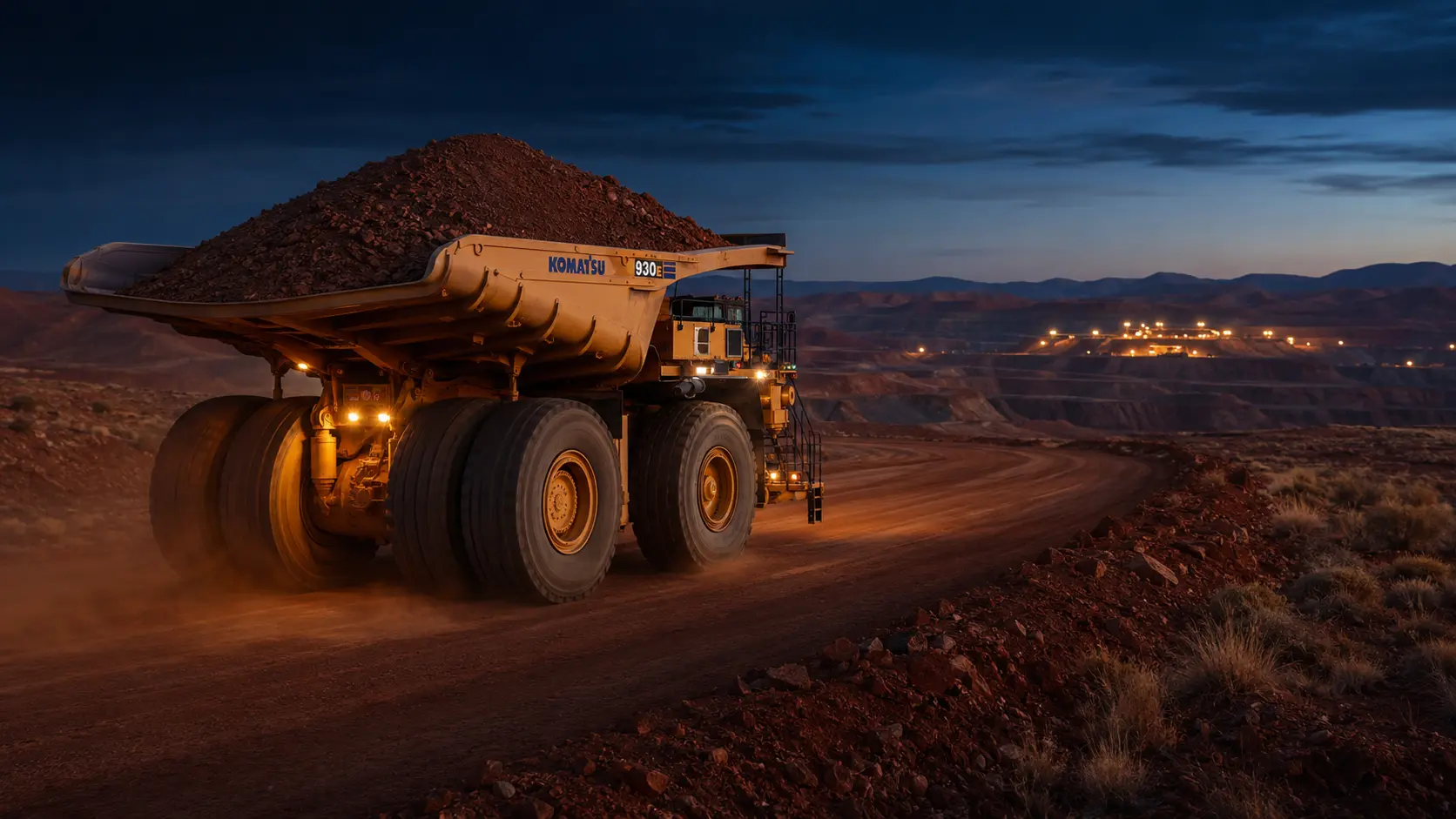 Loaded Komatsu 930E travelling through an Australian mine at blue hour