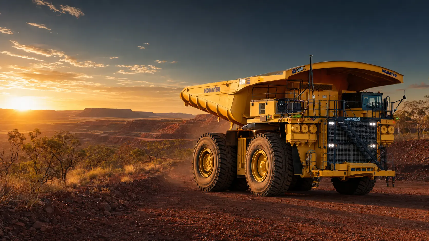 Komatsu 930E haul truck at sunrise in an Australian Pilbara iron ore mine