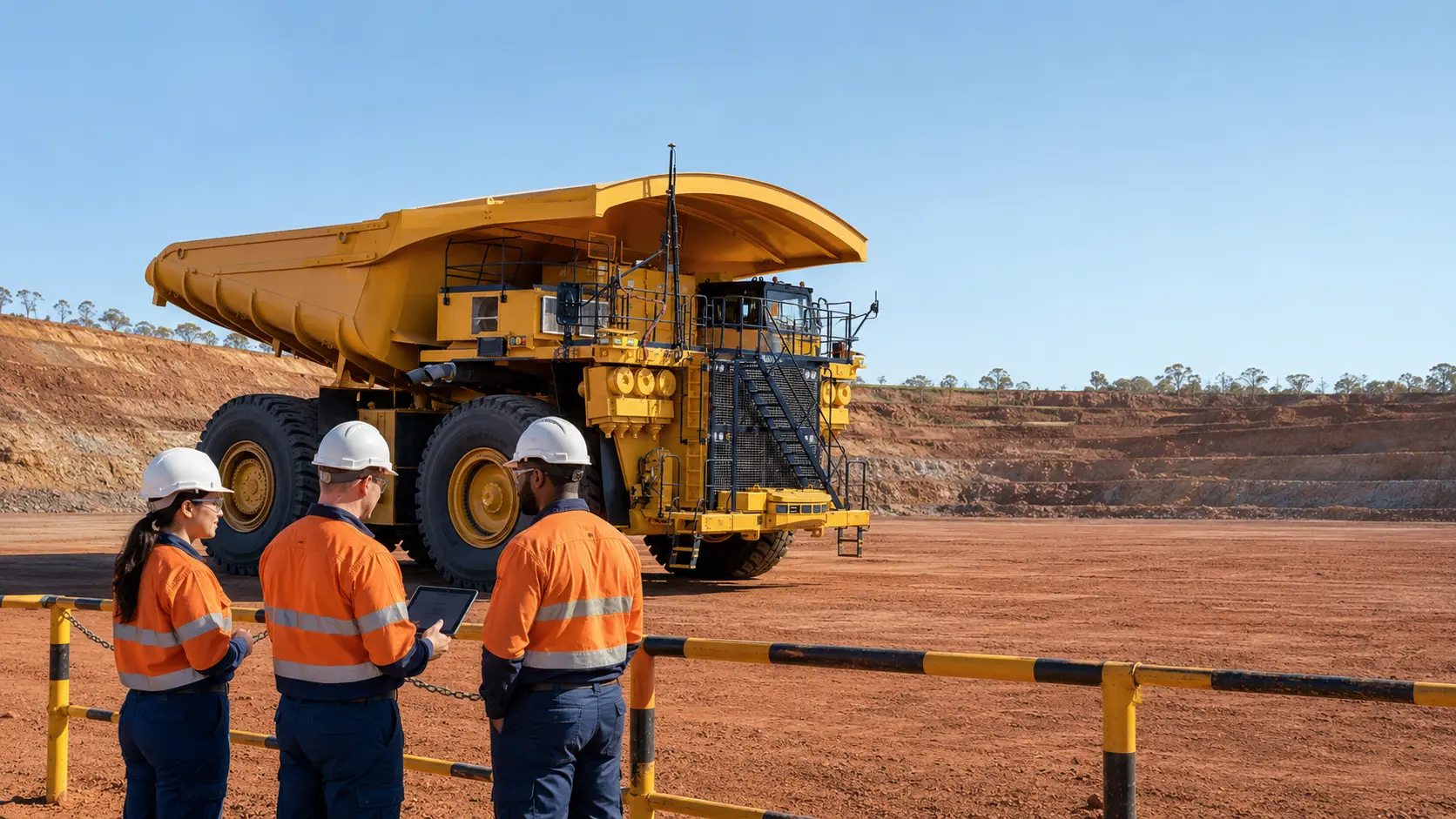 Australian mine workers completing training beside a Komatsu 930E haul truck